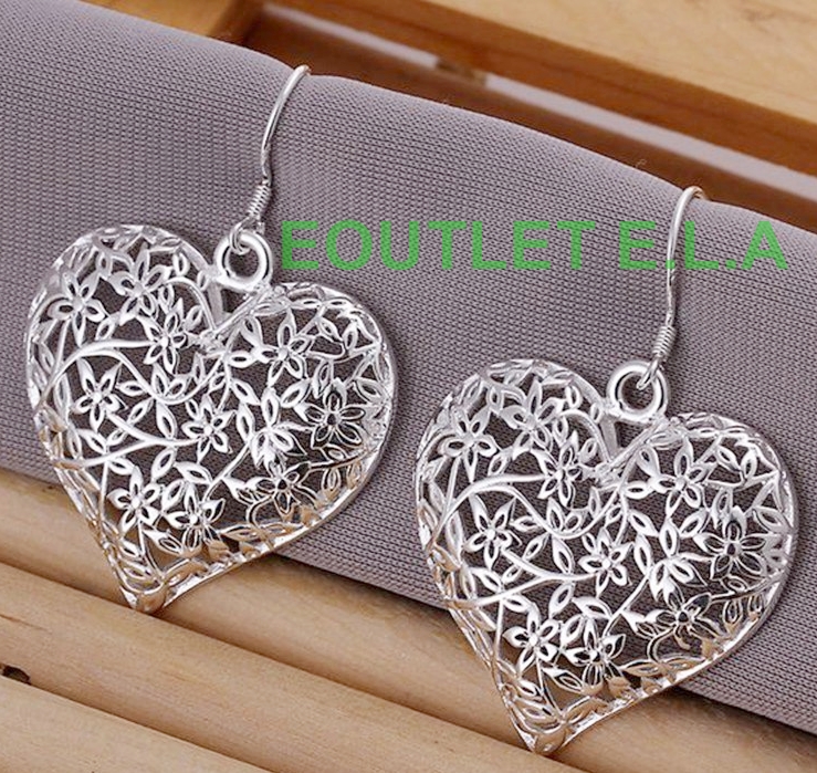 42x30mm FILIGREE HEART SILVER DANGLE EARRINGS
